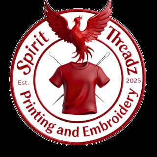 Spirit Treads Printing and Embroidery logo featuring a red phoenix above a red t-shirt, Est. 2025