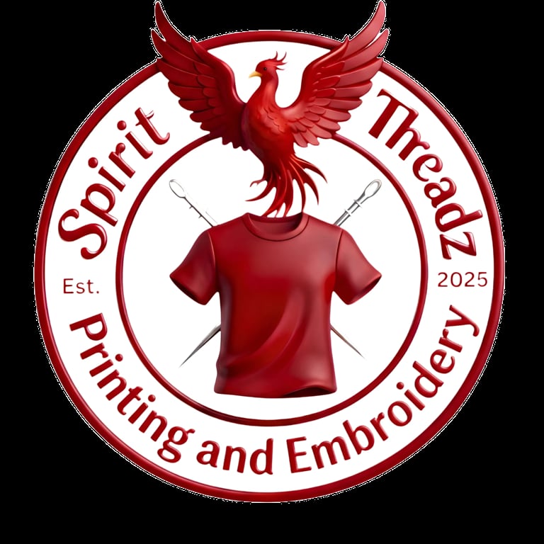 Spirit Treads Printing and Embroidery logo featuring a red phoenix above a red t-shirt, Est. 2025